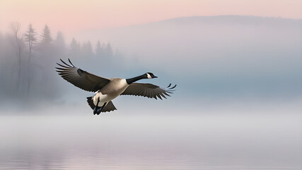 Fototapeta na wymiar duck bird misty morning in the morning.