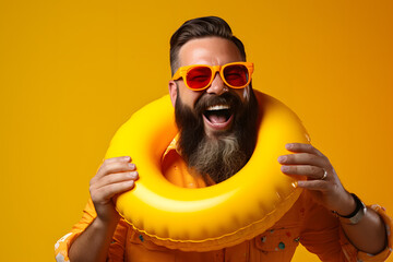 The infectious laughter of a bearded man in scuba glasses, savouring an orange juice cocktail while clutching an inflatable Generative AI - obrazy, fototapety, plakaty