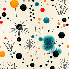 Seamless abstract pattern with multicolor circles and stylized floral elements on a light background.