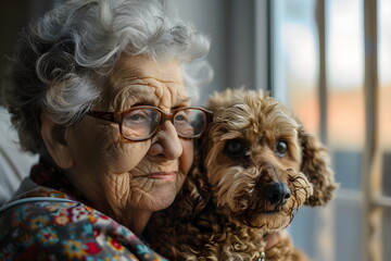 closeup of old woman hug dog at home