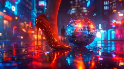 a red high heeled shoe next to a disco ball