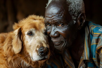 Obraz premium closeup of old man hug dog at home