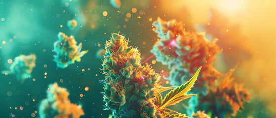 Dramatic image of cannabis buds emitting particles with a colorful lens flare, giving an artistic and active impression - obrazy, fototapety, plakaty