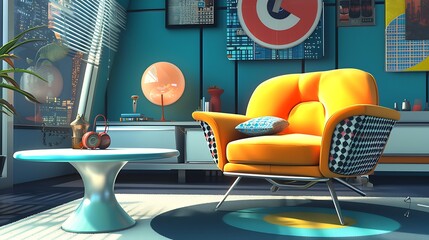 a futuristic reinterpretation of the retro living room, incorporating advanced technology 