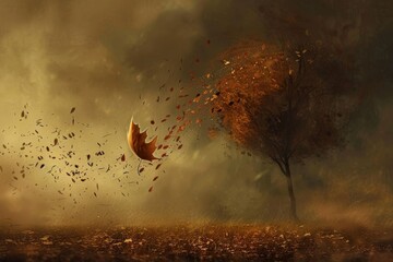 a leaf falling from a tree in the autumn, swirling in the wind