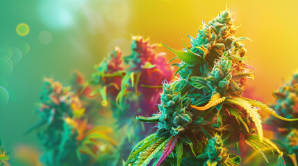 A macro shot of a colorful cannabis plant with vivid colors and sparkling effects