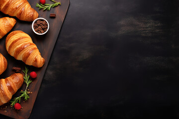Delicious pastries on a wooden board on a black dark background, ingredients, copy space for text, banner design.