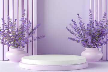 A 3D lavender podium background, ideal for product presentations, providing a captivating scene to showcase various items with elegance and sophistication