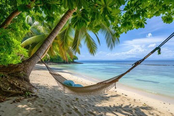 Tropical island hammock in sea beach and trees - obrazy, fototapety, plakaty