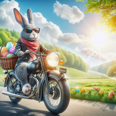 A realistic rabbit with gray fur and big ears on a motorbike Cool Easter bunny with sunglasses and Easter eggs in his backpack - Generative AI - obrazy, fototapety, plakaty