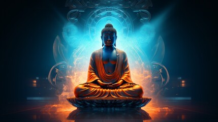 Buddha in a neon glow, copyspace
