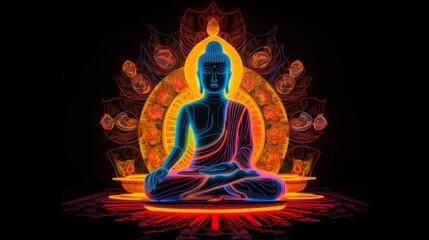 Buddha in a neon glow, copyspace 