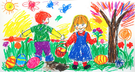 kids childish drawing of easter time children search for easter eggs