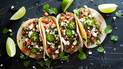 Add fresh cilantro leaves, slices of lime, and diced tomatoes as garnishes on top of the tacos. Sprinkle some crumbled queso fresco or sliced jalapeÃ±os for an extra pop of color and flavor - obrazy, fototapety, plakaty