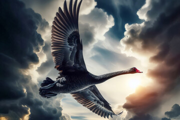 A black swan soars over a body of water against a cloudy sky. Symbol of unexpected events. generated ai