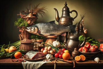 Still life with seafood on dark background. Crabs, fish, shrimps, on a wooden tray. Generated ai