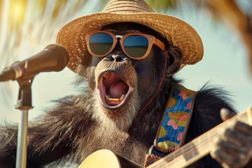 Poster a monkey wearing a hat and sunglasses, singing a song and playing a guitar © mila103