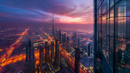 A breathtaking view of Dubai's skyline illuminated by the sunset and city lights emanating energy and modernity - obrazy, fototapety, plakaty