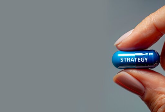  A closeup of an elegant woman's hand with red nails holding up a blue pill, the word "strategy ";. a concept photo for strategy and marketing