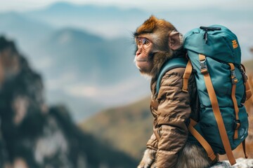 a monkey wearing a vest and a backpack, hiking a mountain and enjoying the view - obrazy, fototapety, plakaty