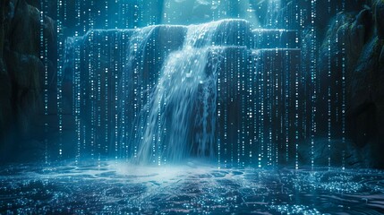 digital waterfalls, blue matrix binary code Cascading Through  waterfall. 
