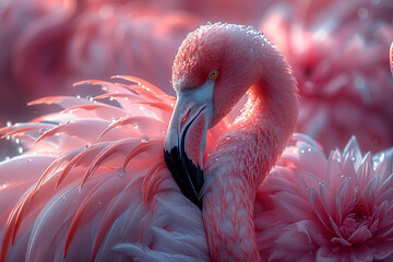 close up of a pink flamingo, A solitary pink flamingo stands with elegance, its vibrant plumage offering a striking contrast against the serene background. Generative AI - obrazy, fototapety, plakaty