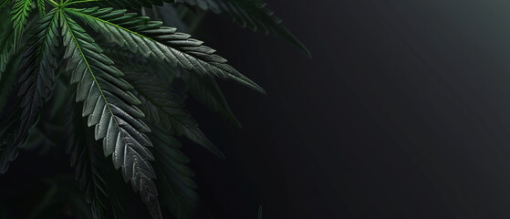 Fototapeta na wymiar Rich, dark cannabis leaves are illuminated with precision lighting to create a moody and impactful visage of this controversial plant