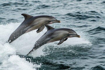 Obraz premium Pair Of Dolphins Leaping Gracefully In The Ocean