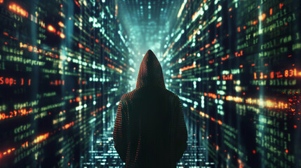 Hacker in Hoodie Against Digital Code Background. Mysterious figure in a hoodie standing before a virtual reality interface of glowing digital code, implying cyber threat or hacking.