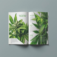 Close-up of a cannabis plant on a magazine spread with text and design elements focuses on the intricacies of the plant