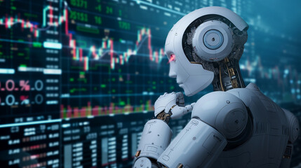 AI Robot Analyzing Stock Market Data. An advanced AI robot with a contemplative pose in front of a stock market data display, symbolizing machine learning and financial analysis.