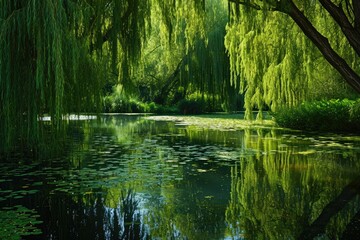 Tranquil Pond Surrounded By Weeping Willows - obrazy, fototapety, plakaty