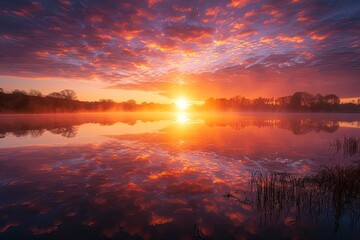 Vibrant Sunrise Over A Misty Lake - obrazy, fototapety, plakaty