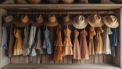 Fototapeta na wymiar a group of dresses and hats on a rack