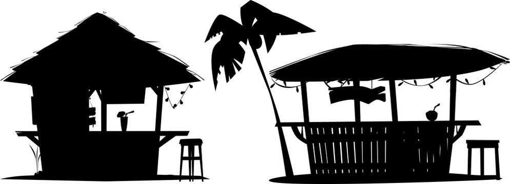 Beach bar shacks with cocktail drinks on counter