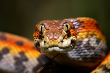 Obraz premium Colorful snake python cobra viper forest hiding waiting for prey rainforest jungle untouched nature predator venomous venom dangerous wildlife poisonous animal skin tail creepy african exotic species