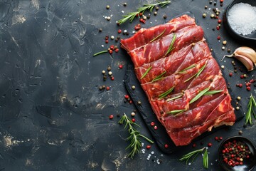 Raw Beef Brisket with Fresh Herbs and Spices on Gray Stone