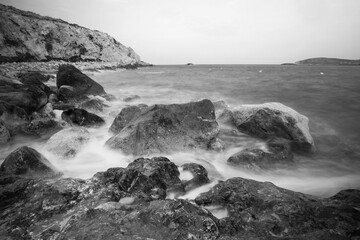 Amazing view of the rocks of Gozo and mediterranean sea on long exposure, Malta