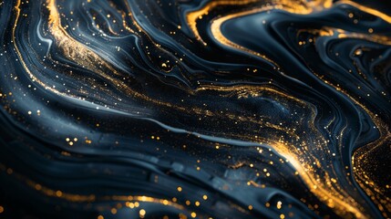 abstract image features swirling golden patterns intermingling with a dark background. Gold waves abstract background texture
