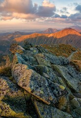 Mountain panorama landscape at dramatic sunset and sky. Alpine tourism and beautiful experiences. Western Tatra mountains or Rohace