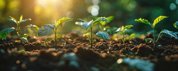 The growing little tiny green plants on the soil and dirt that has been received the source of the food from the bright light of the morning sun at the daytime in the summer or spring of year. AIGX03. - obrazy, fototapety, plakaty