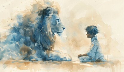 a watercolor of a boy sitting next to a lion