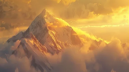 Gordijnen Sunrise casting golden light on a mountain range © Chingiz