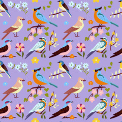 Seamless pattern with cute little birds sitting on branches with spring flowers, flat background in vintage style. For the design of gift packaging for spring holidays, elegant wallpapers