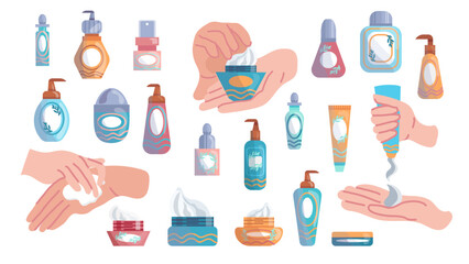 illustration of set of different hand creams and a hand applying lotion to the other hand, squeezing the cream out of the tube, and holding the jar, skin care, wearing sunscreen, moisturizing the skin