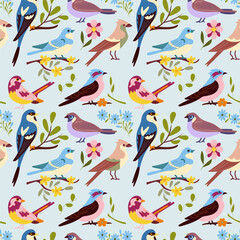 Seamless patterns with cute birds perched on branches and spring flowers, a flat retro-style background. For the design of gift packaging for spring holidays, elegant wallpapers and interior decor.