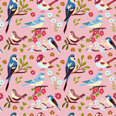 Seamless patterns with spring flowers and birds on a plain background in a flat retro style. For the design of gift packaging for spring holidays, elegant wallpapers and interior decor.