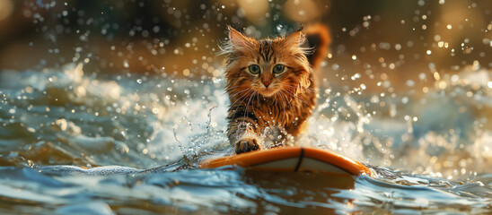 A surfer cat conquers the waves. panoramic horizontal banner. - obrazy, fototapety, plakaty
