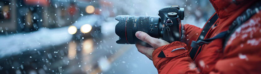 Photographers hand adjusting the focus on a camera lens in snow - obrazy, fototapety, plakaty