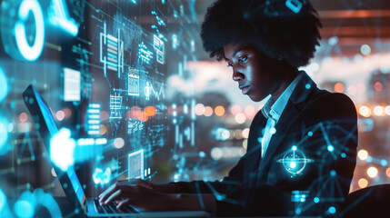 Woman is working intently on a laptop in a dark office environment, surrounded by glowing digital graphics and interface elements